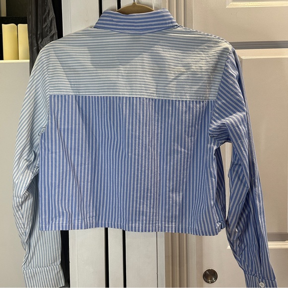 Preppy Striped Boxy Cropped Top Blue & White Collared Long Sleeve XS Mod Office - Picture 5 of 5
